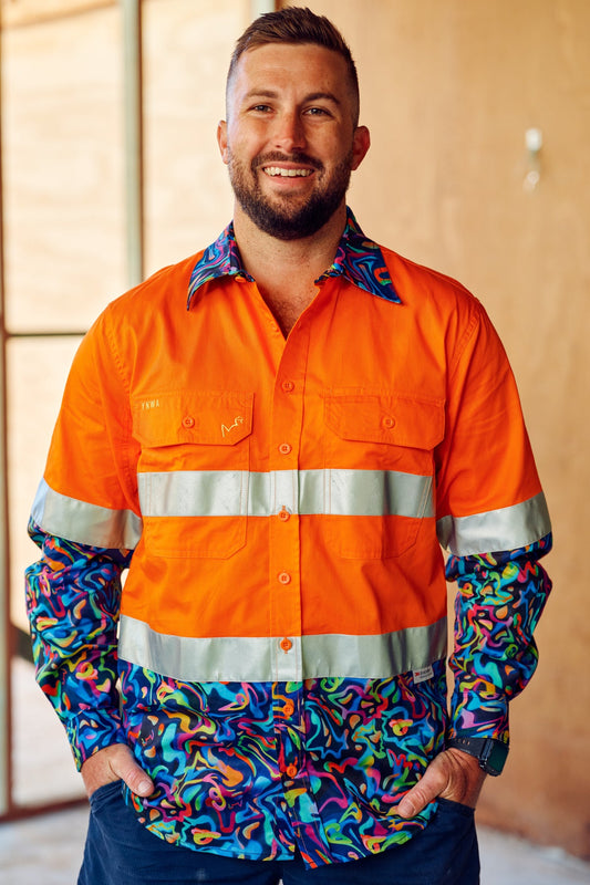 TradeMutt Men's Pearler Orange OR Yellow Day/Night Hi Vis 2.0 Full Button Work Shirt