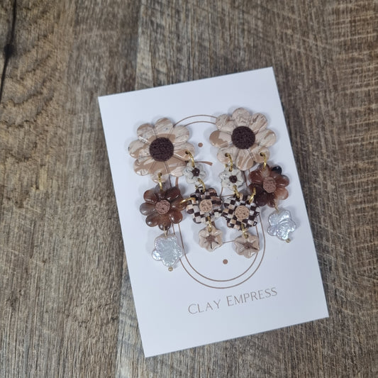 Earrings- Cream & Brown Floral Cluster Drops